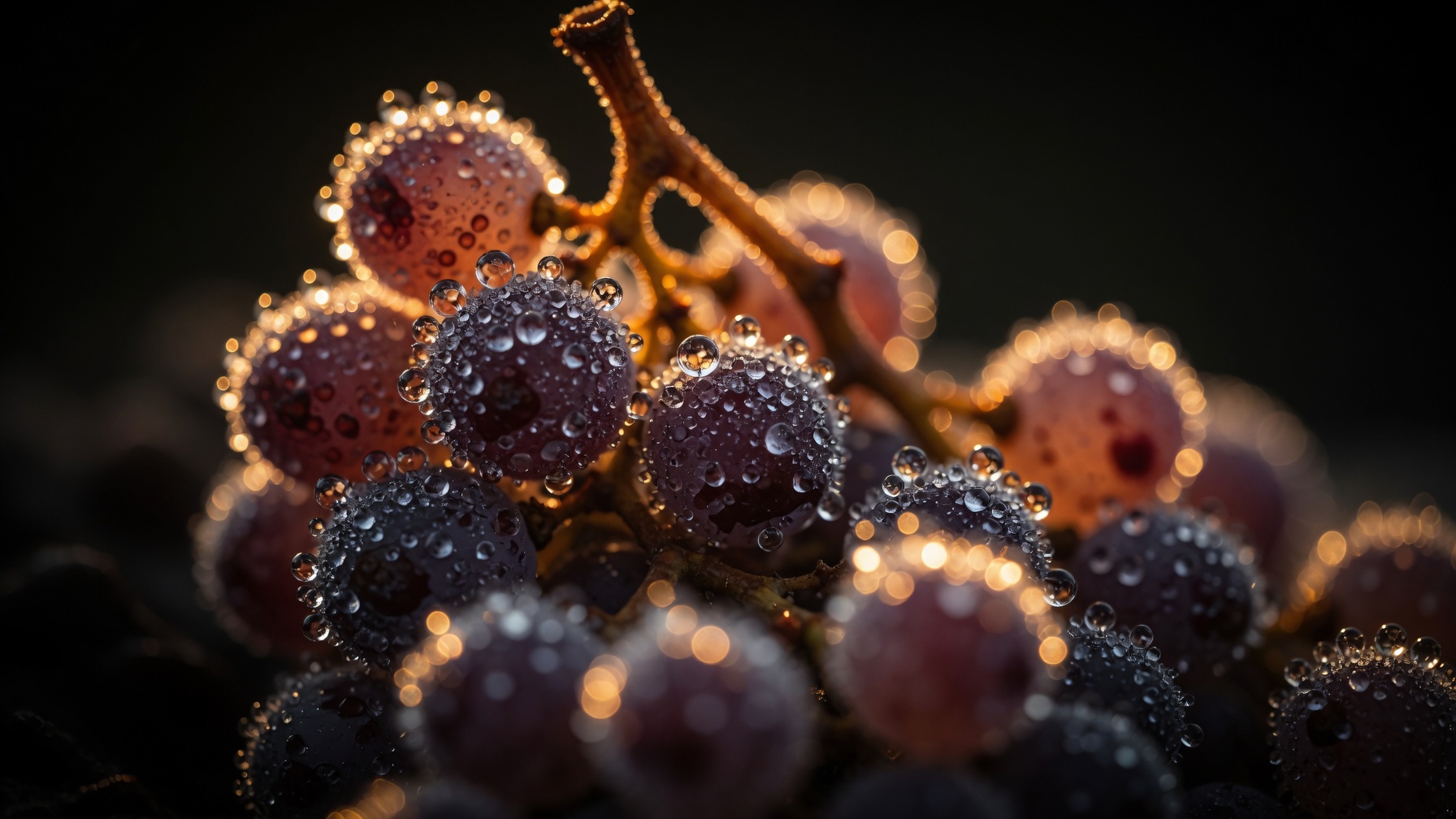 Racimo de Malbec cubierto de rocío, a contraluz del amanecer
