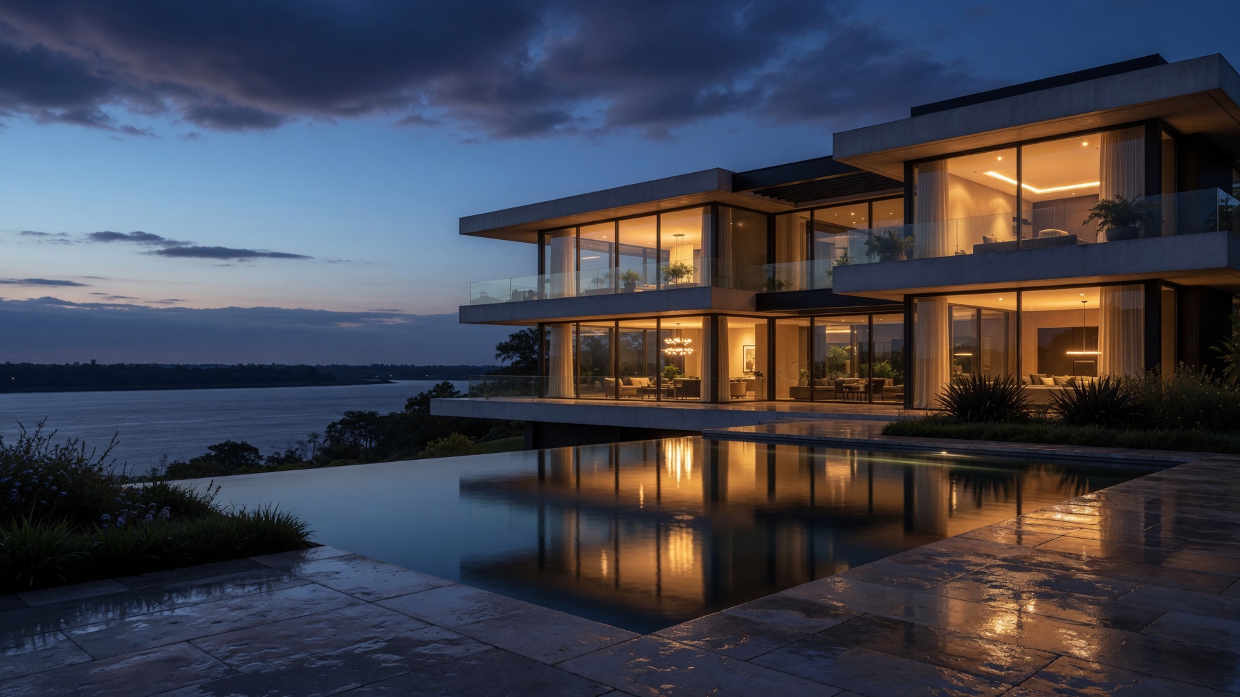 Residencia COSTANERA en hora azul: interiores iluminados, piscina infinita y el río Paraná al fondo