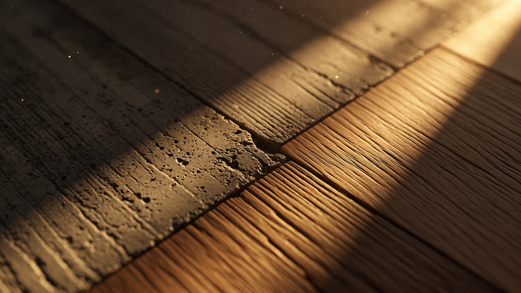 Detalle de hormigón visto encofrado en tablas junto a madera de lapacho, atravesados por un haz de luz