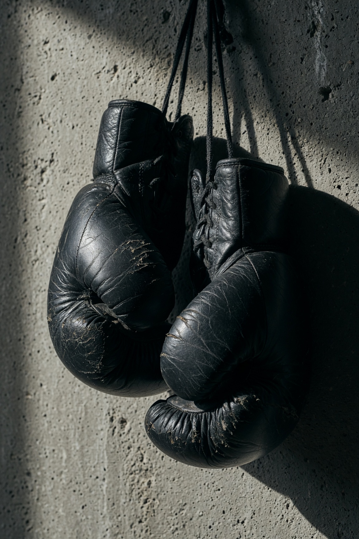 Guantes de boxeo gastados colgados de una pared de hormigón