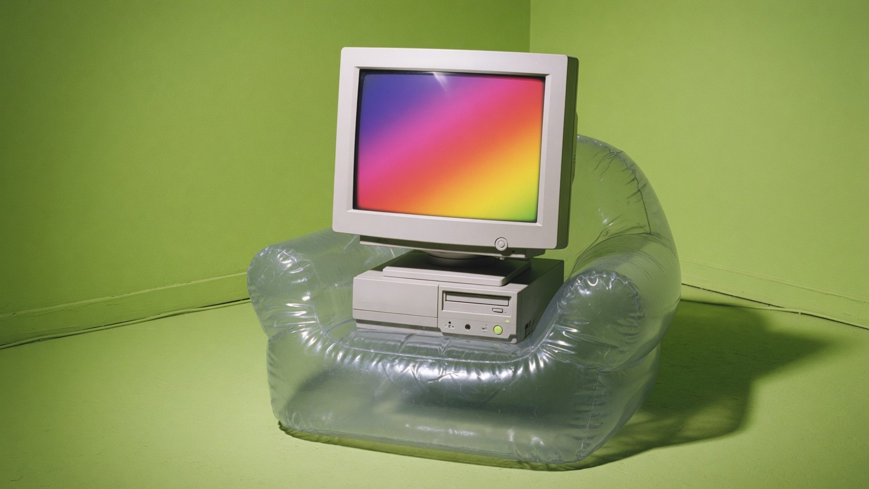 Computadora antigua con monitor de tubo mostrando un degradado de colores, apoyada sobre un sillón inflable transparente en una habitación verde lima