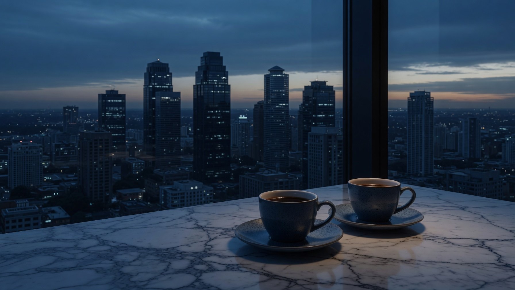 Dos pocillos de café sobre una mesada de mármol frente a un ventanal, con la ciudad al amanecer de fondo