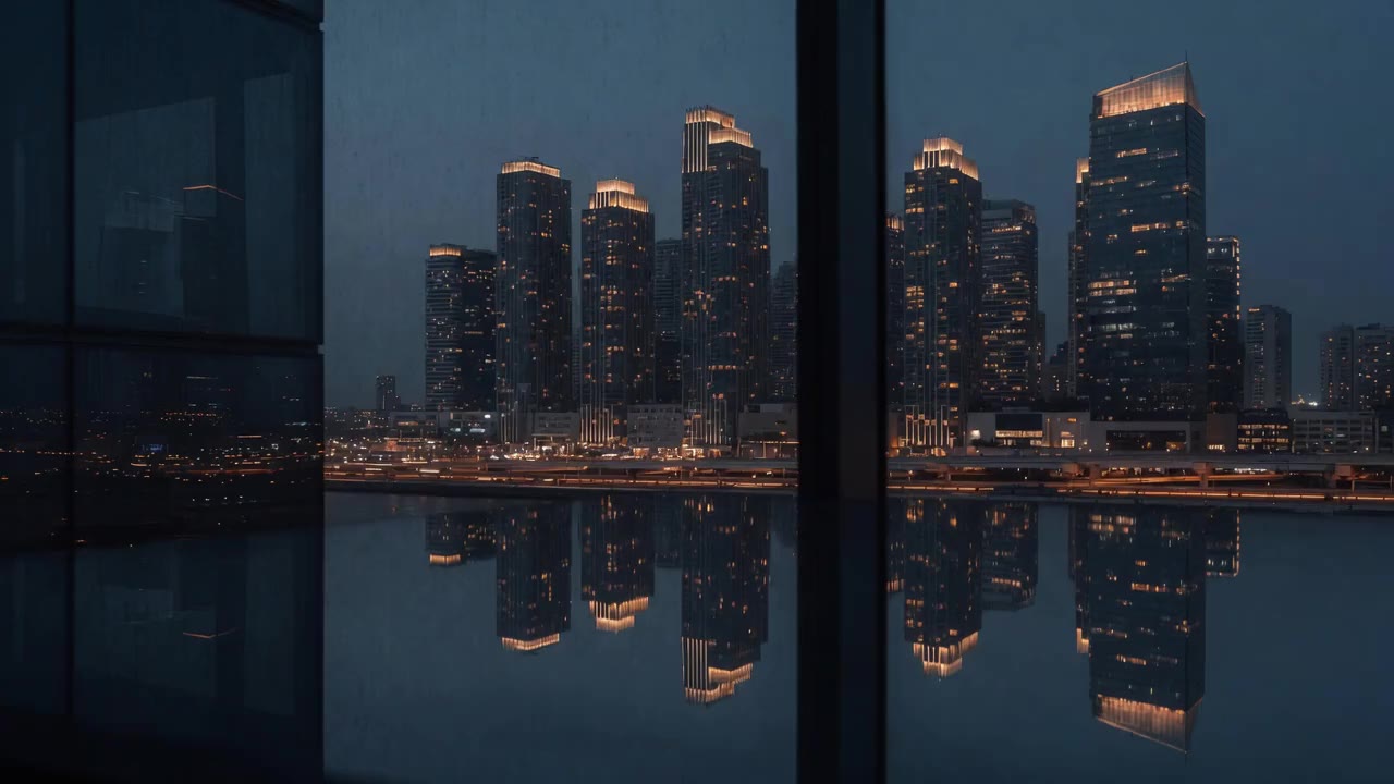 Meridiano, skyline nocturno reflejado en un ventanal