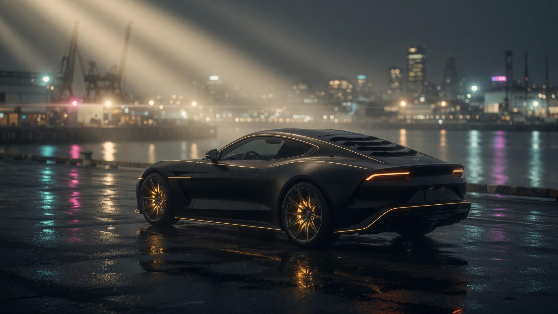 The NOCTIS GT, a matte black coupé traced by a single gold pinstripe, standing on wet asphalt before a night harbor.