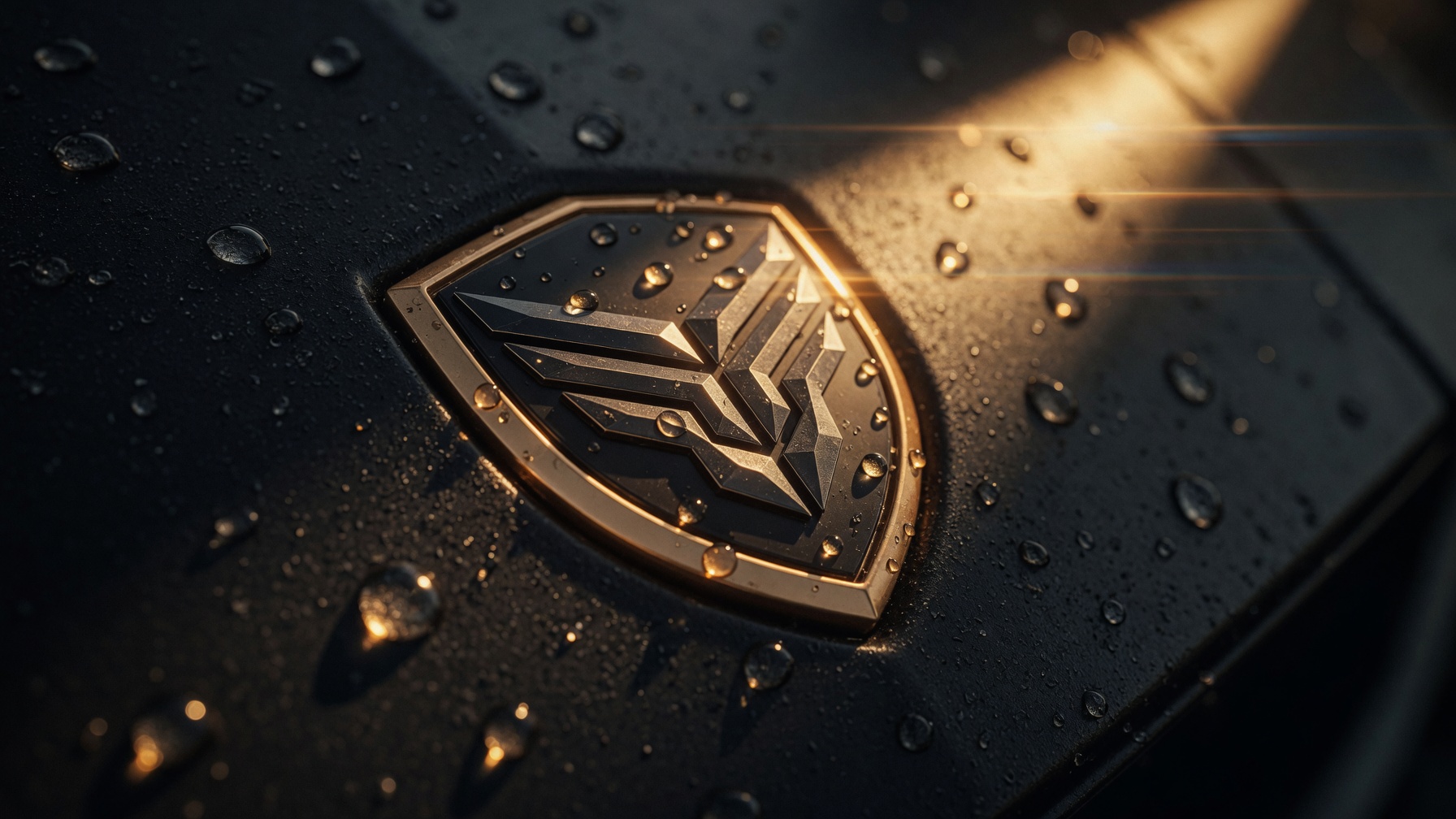 Macro of the gold NOCTIS crest set into a rain-beaded matte black bonnet, caught in a shaft of amber light.