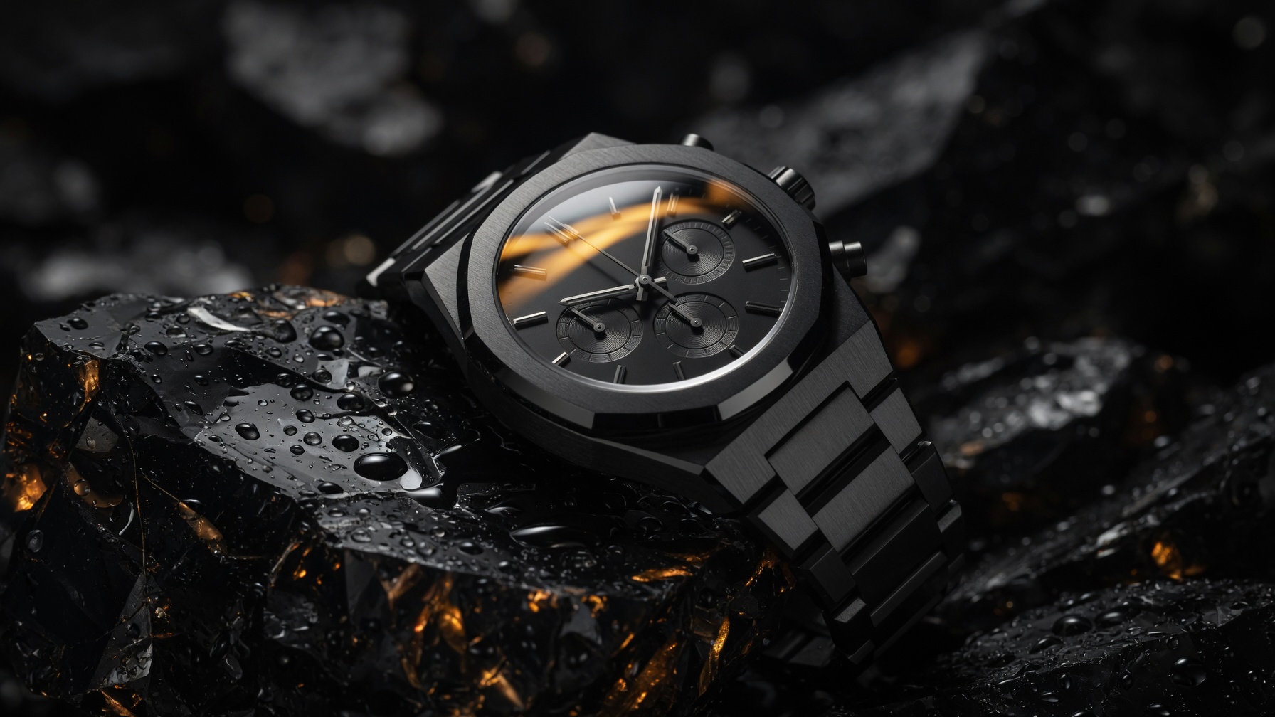 The NOCTIS × Meridian chronograph in matte black ceramic, resting on wet obsidian with an amber glow crossing the dial.