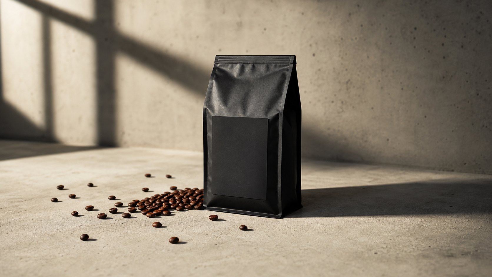Bolsa de café ORIGEN negra mate sobre hormigón, con luz dura