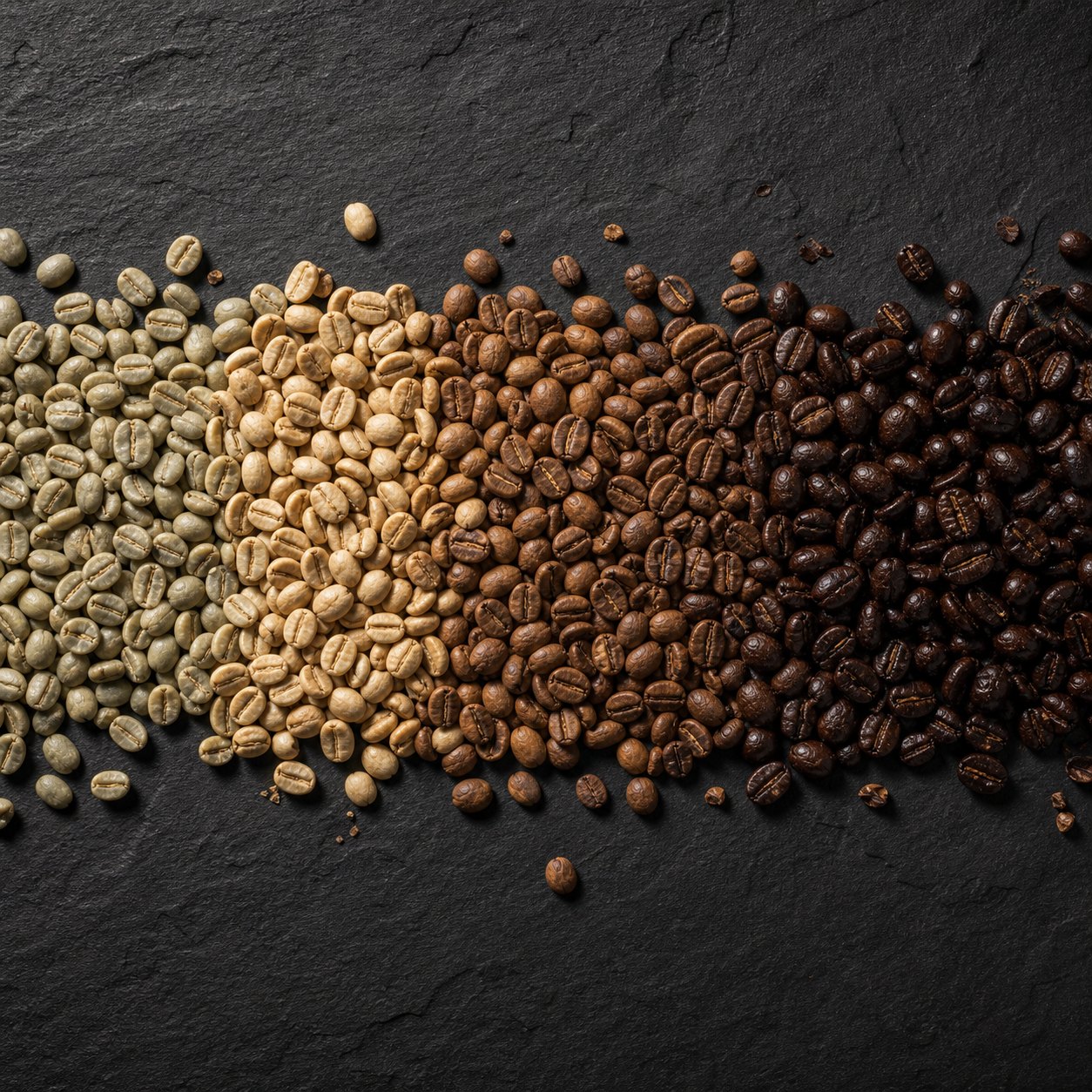 Vista cenital de granos de café: gradiente del verde crudo al tostado oscuro sobre pizarra