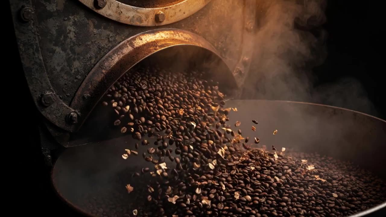 Origen, granos de café en el tostador