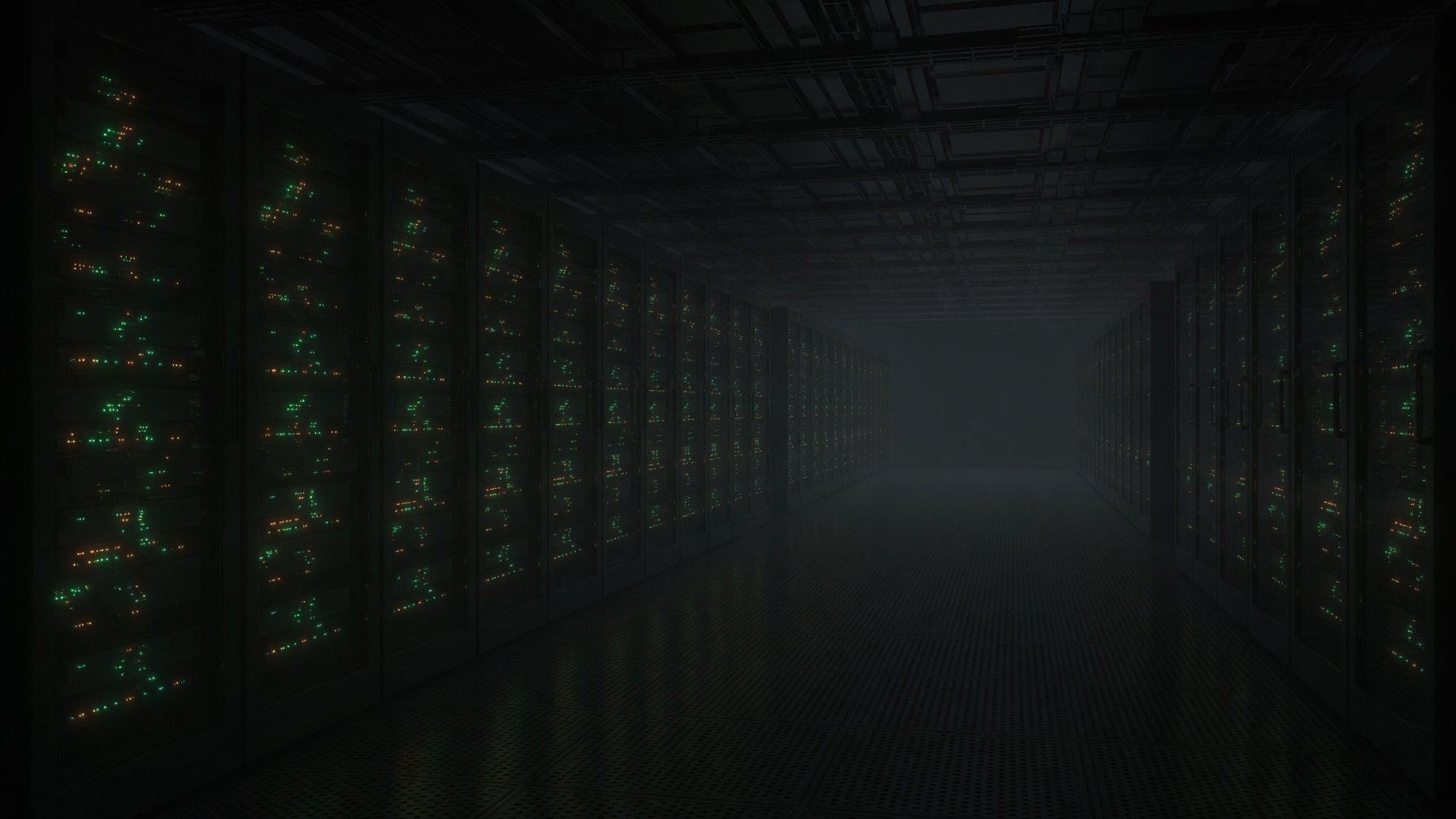 Pasillo oscuro de un datacenter con racks de servidores y luces de estado encendidas