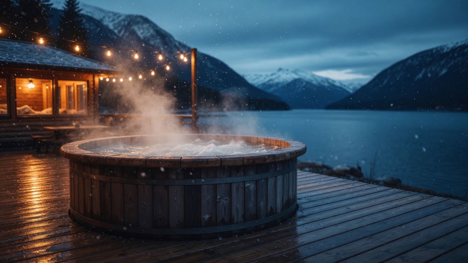 Tinaja de agua caliente a leña bajo la nieve y luces cálidas, a la hora azul