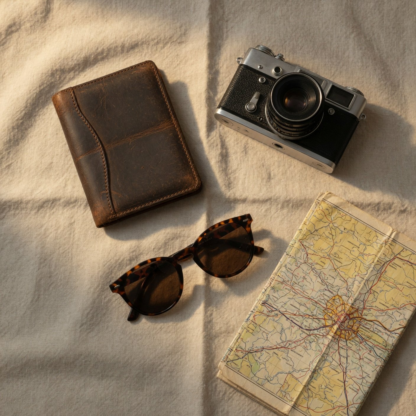 Pasaporte en billetera de cuero, cámara antigua, anteojos de sol y un mapa de rutas desplegado sobre una tela de lino