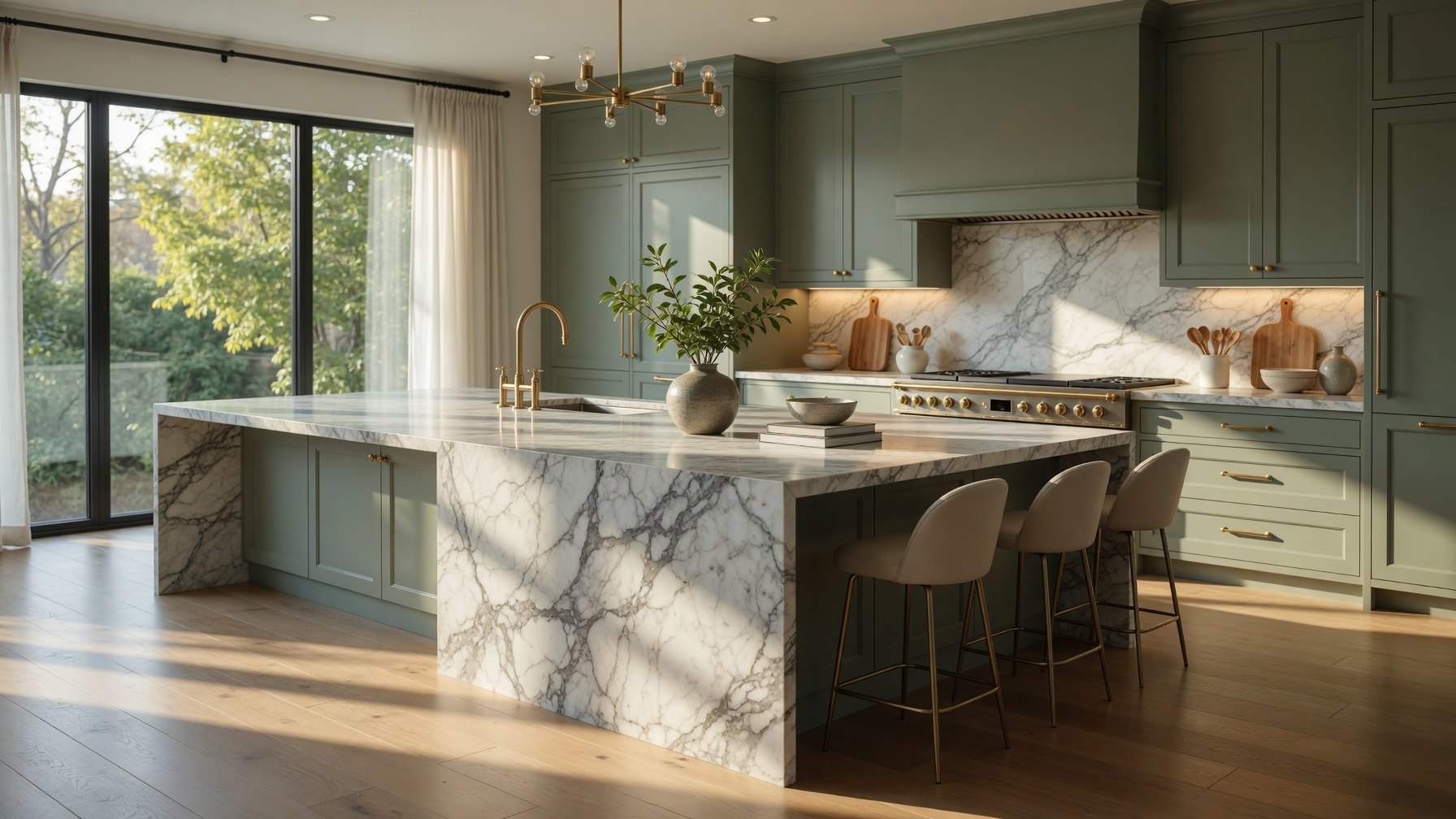 Cocina con muebles verde salvia, isla de mármol y grifería de bronce