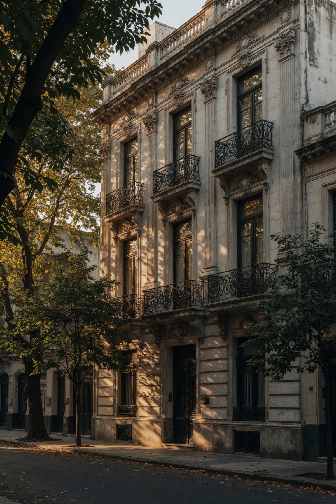 Fachada clásica de Buenos Aires con balcones franceses de hierro forjado, entre árboles