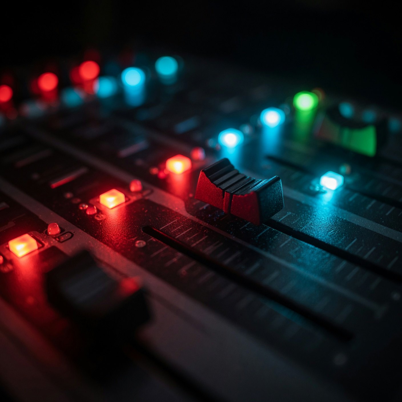 Macro de un fader de consola de sonido con luces encendidas en la penumbra