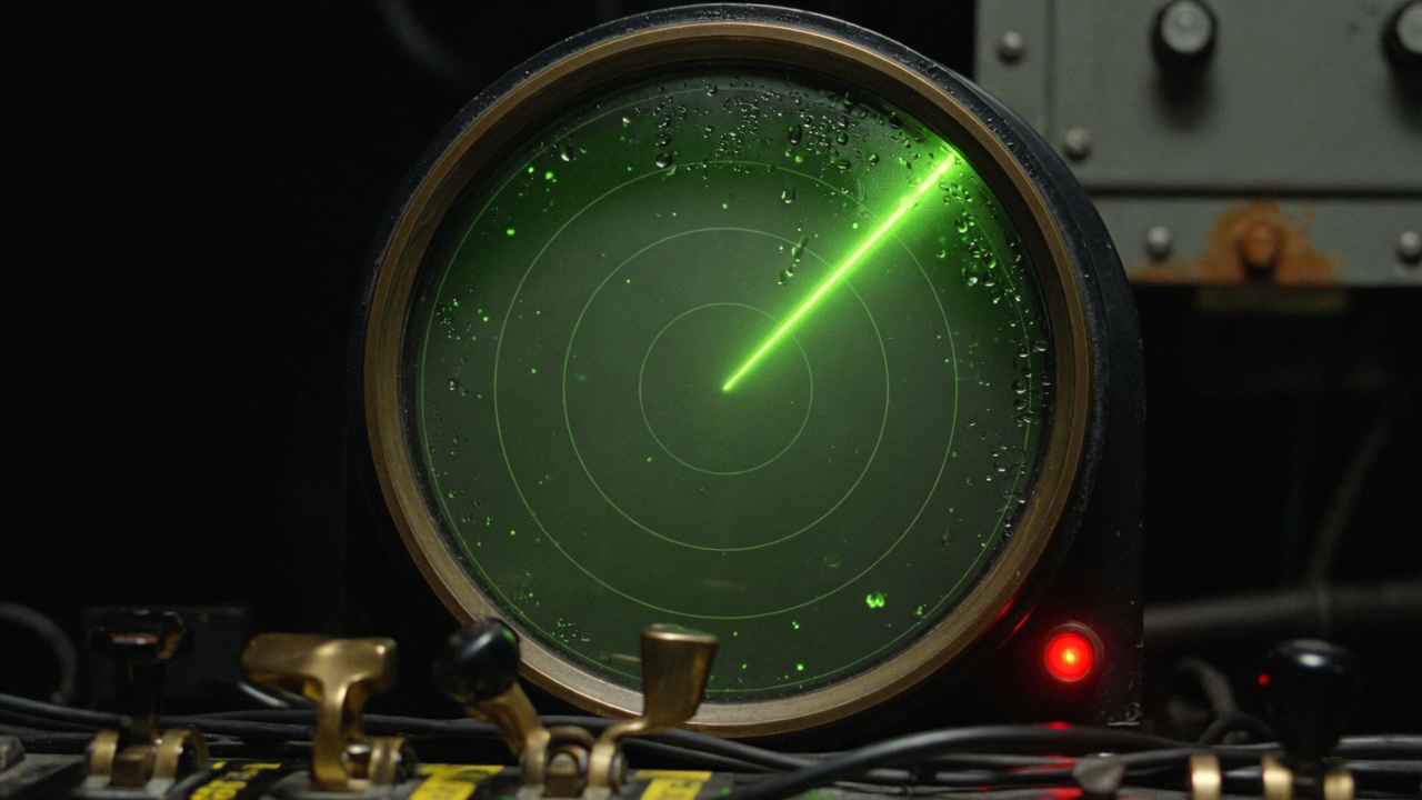 Green CRT sonar scope aboard the support vessel, a single return glowing near the center of the sweep