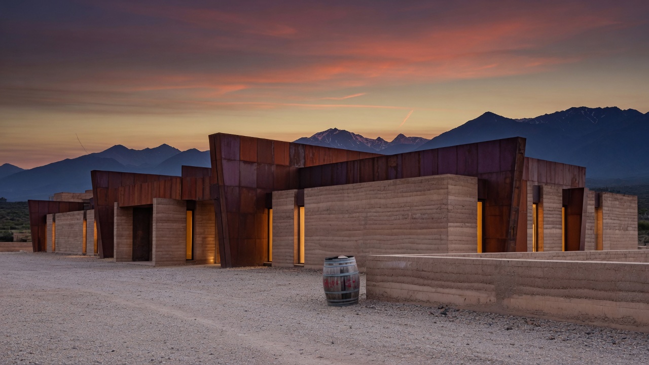 Bodega de tierra apisonada y acero corten al atardecer, con los Andes de fondo