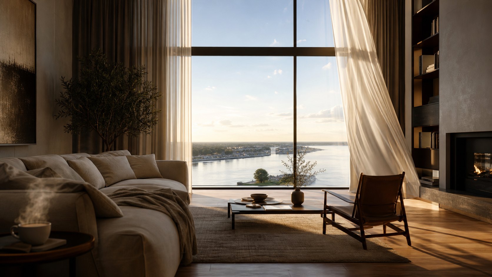 Living con hogar encendido, cortinas de lino y ventanal de piso a techo con vista al río Paraná