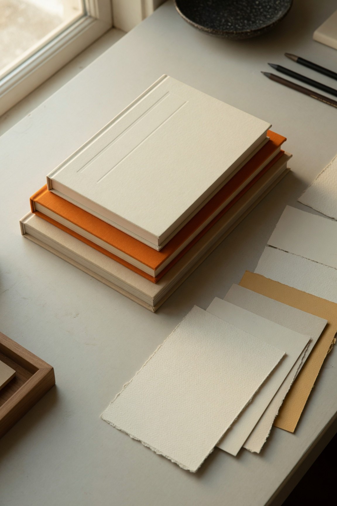 Pila de manuales de marca encuadernados en tela crema y naranja junto a una ventana, con muestras de papel al lado