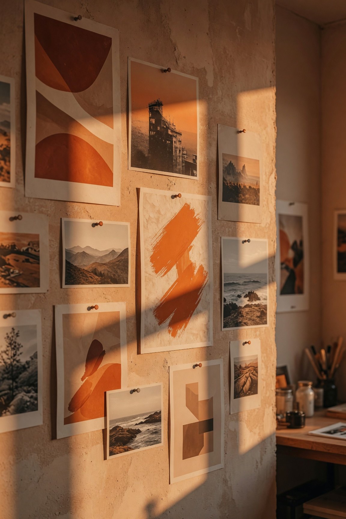 Pared del estudio con pruebas de impresión en tonos naranjas y crema sujetas con chinches, iluminadas por sol de tarde