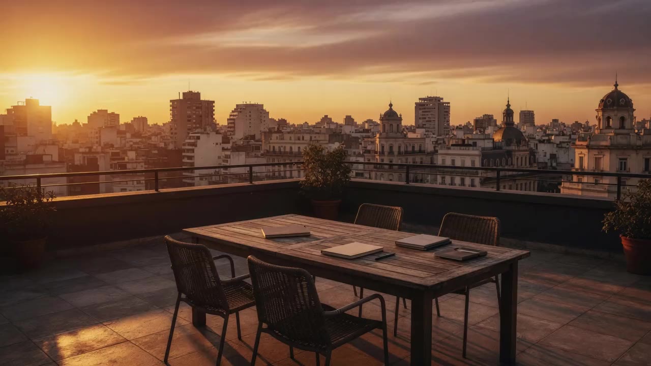 Vértice, terraza de la agencia al atardecer sobre Buenos Aires